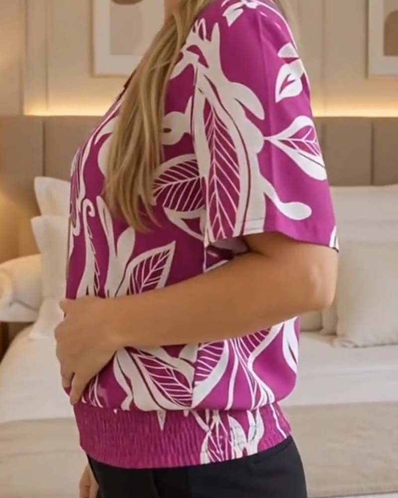 Isheba | Blouse with Short Sleeves and Leaf Print