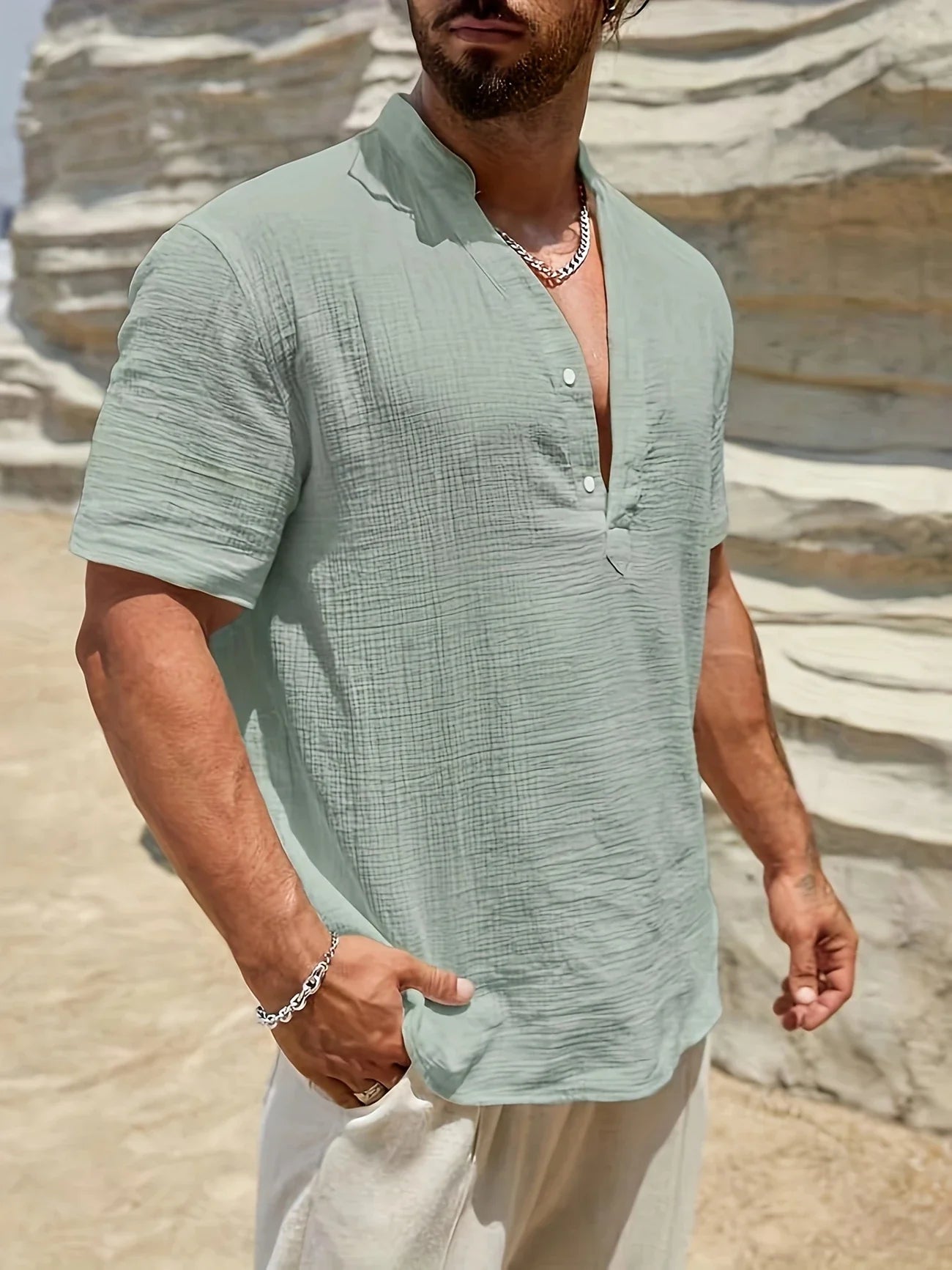 Sancho | Short Sleeve Stand Collar Henley Shirt