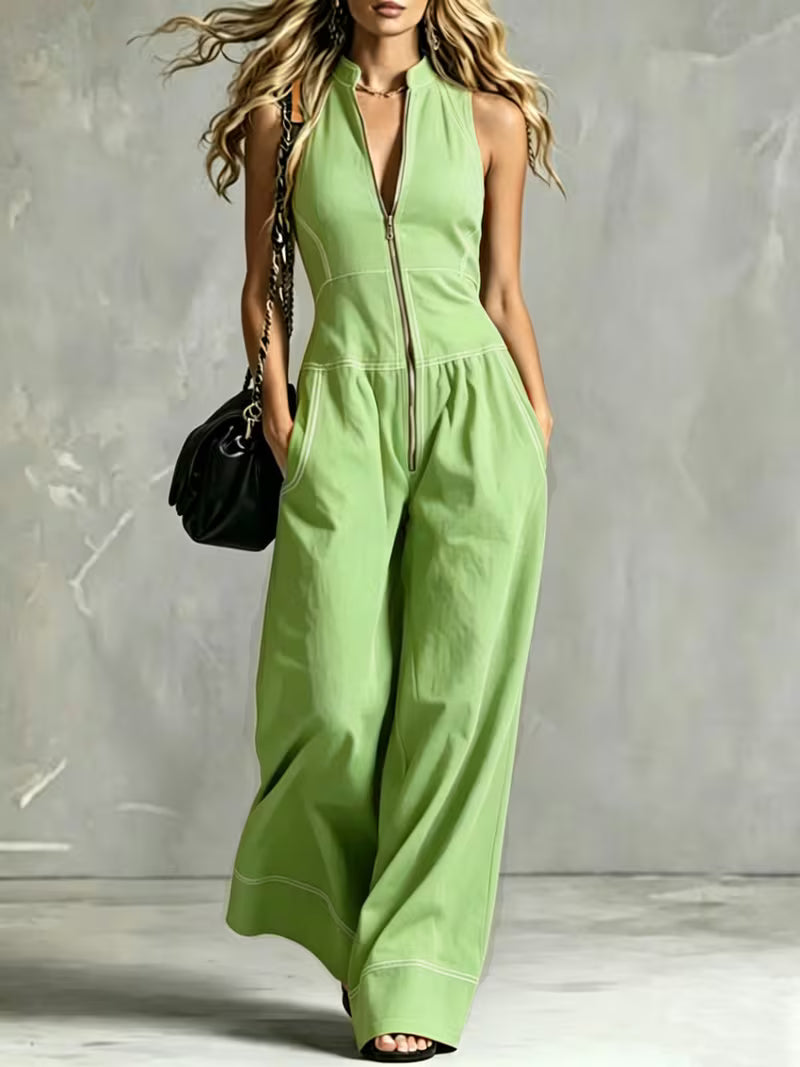 Bryana | Front Zip Patchwork Striped Jumpsuit