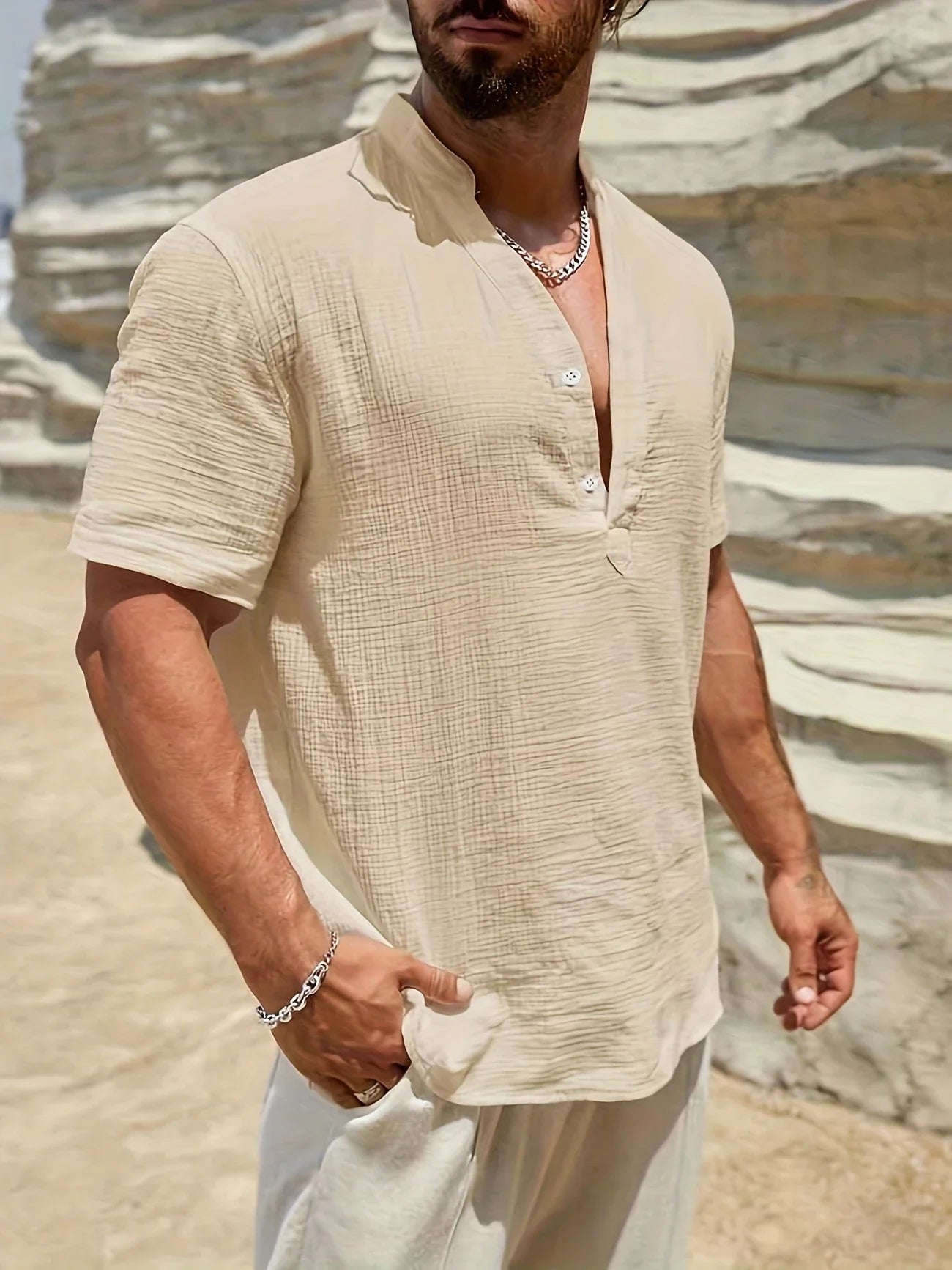 Sancho | Short Sleeve Stand Collar Henley Shirt