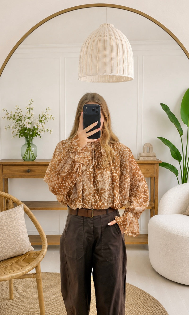 Nihan | Printed Long Sleeve Blouse With Tie Neck