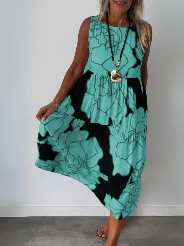 Hertha | Sleeveless Floral Print Tiered Midi Dress