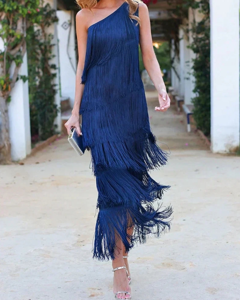Mirella | One Shoulder Fringe Maxi Dress