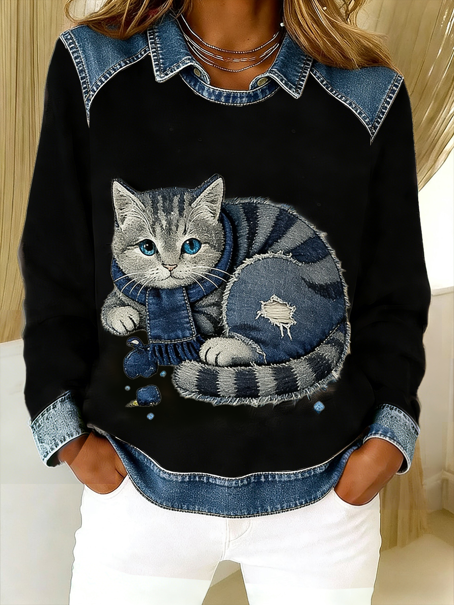 Eponin - Cat Print Denim Trim Sweatshirt