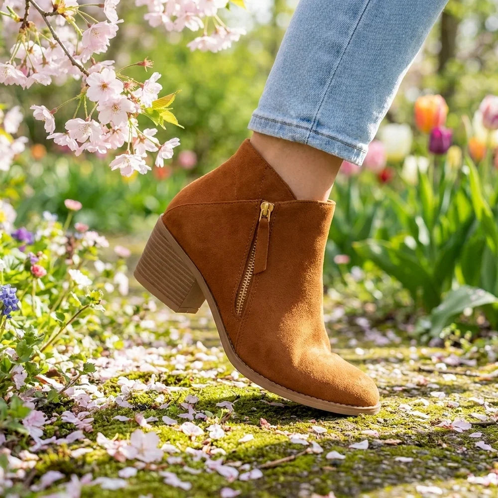Krista | Boots Ankle Side Zip Block Heel Suede-Style