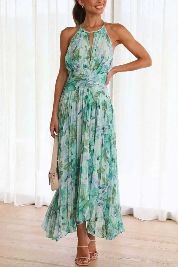 Monyca | Floral Halter Neck Pleated Midi Dress