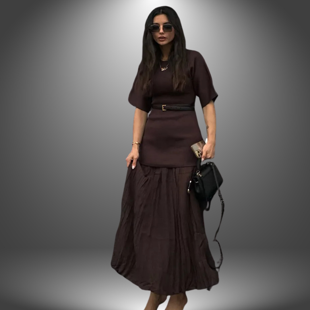 Valentina | Pleated Midi Dress Belted Long Sleeve