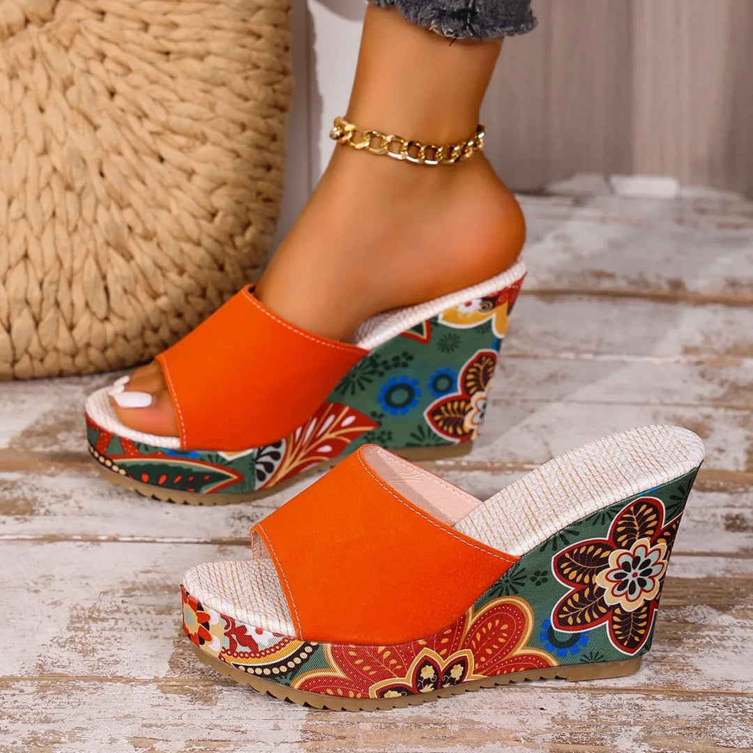 Laerke - Floral Print Platform Wedge Slide Sandals