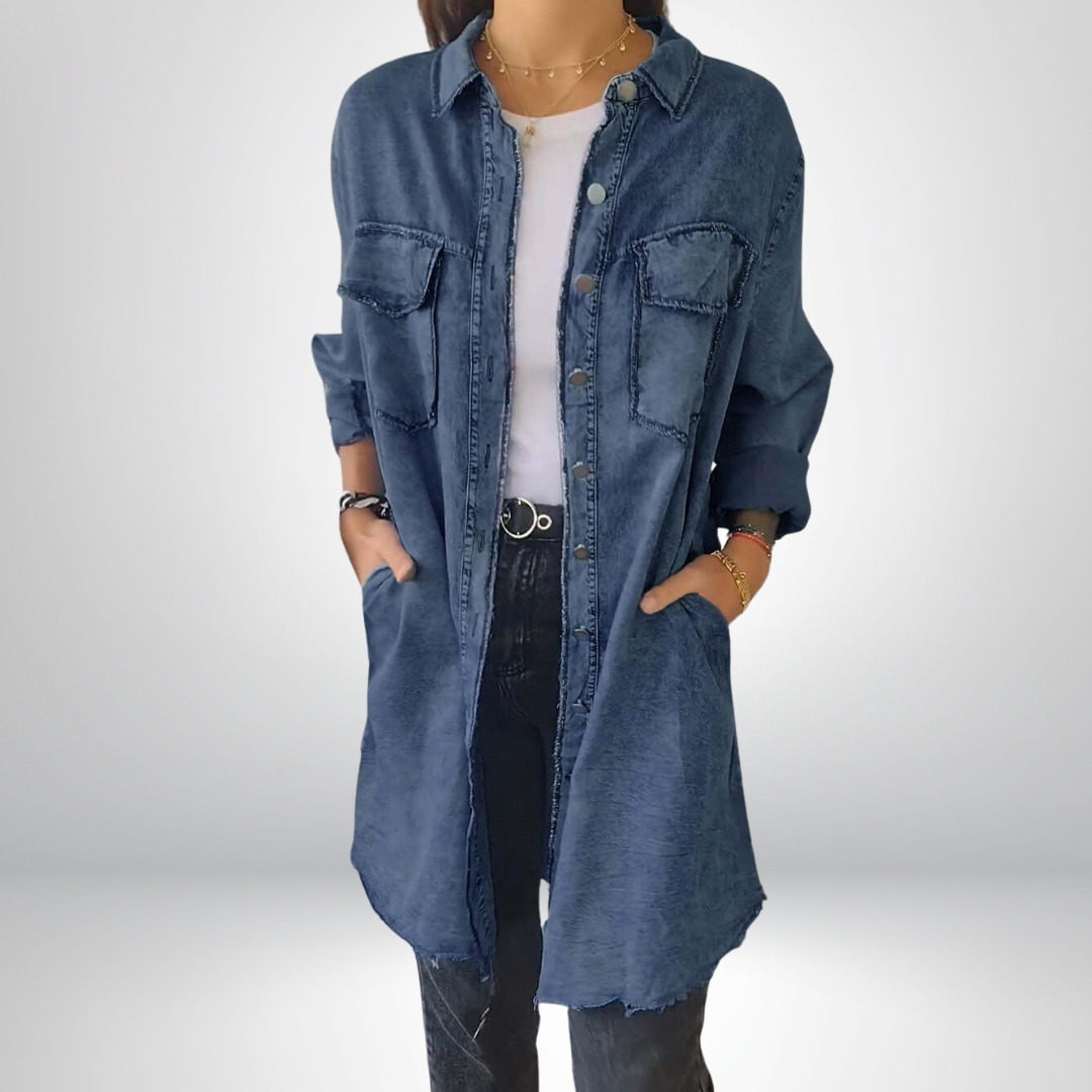 Krystyna | Denim Jacket Longline Collared Button-Front Style