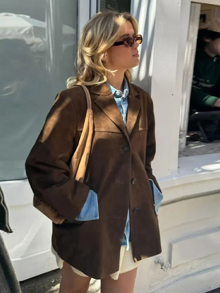 Gladyis | Jacket Brown Long Sleeve Button Front Suede-Like
