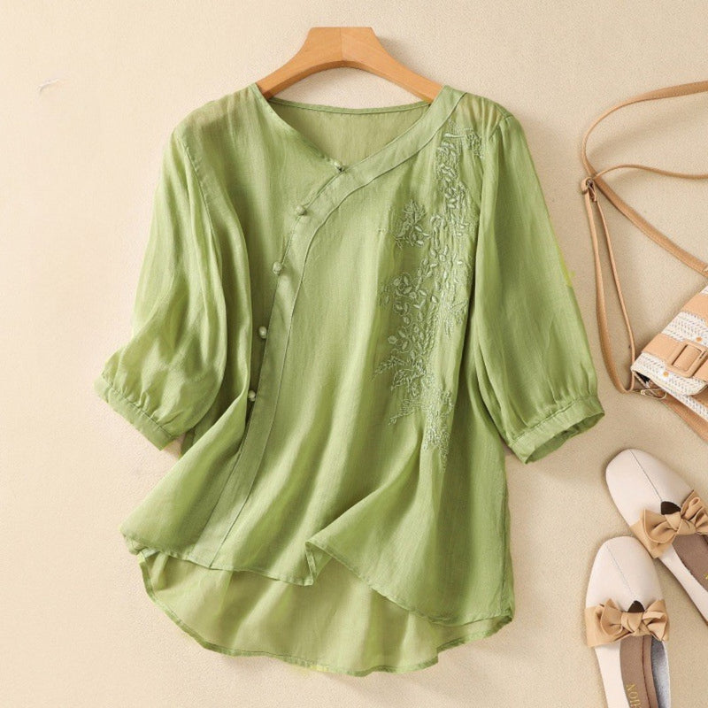 Loreen - Asymmetrical Button 3/4 Sleeve Tunic Blouse