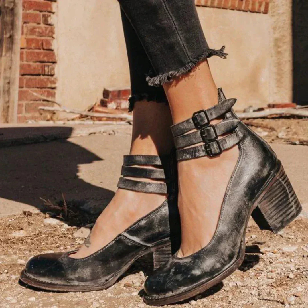 Steffie – Wooden Block Heel Ankle Strap Pumps