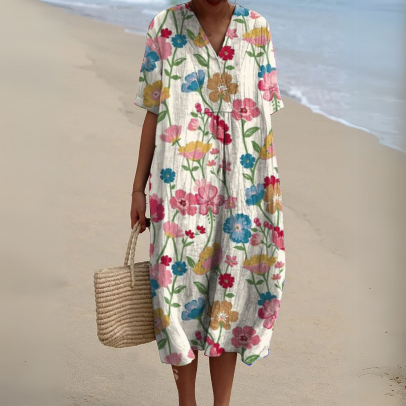 Lora | Floral Print V Neck Midi Dress