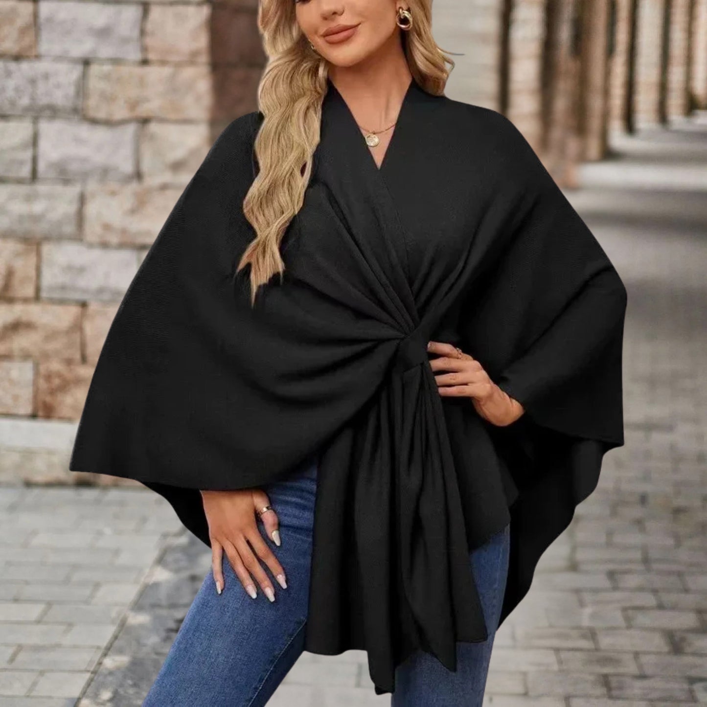 Helin | V-Neck Knotted Front Wrap Poncho