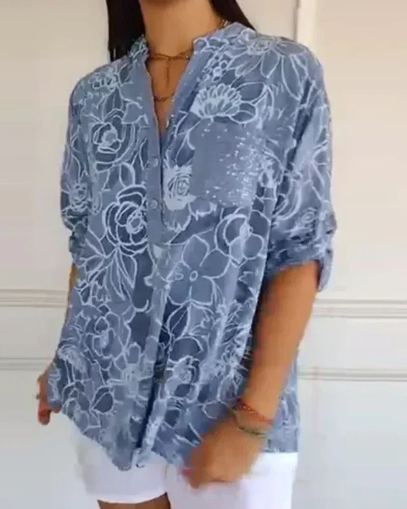 Narese | Blouse Floral Print V-Neck Roll Sleeve