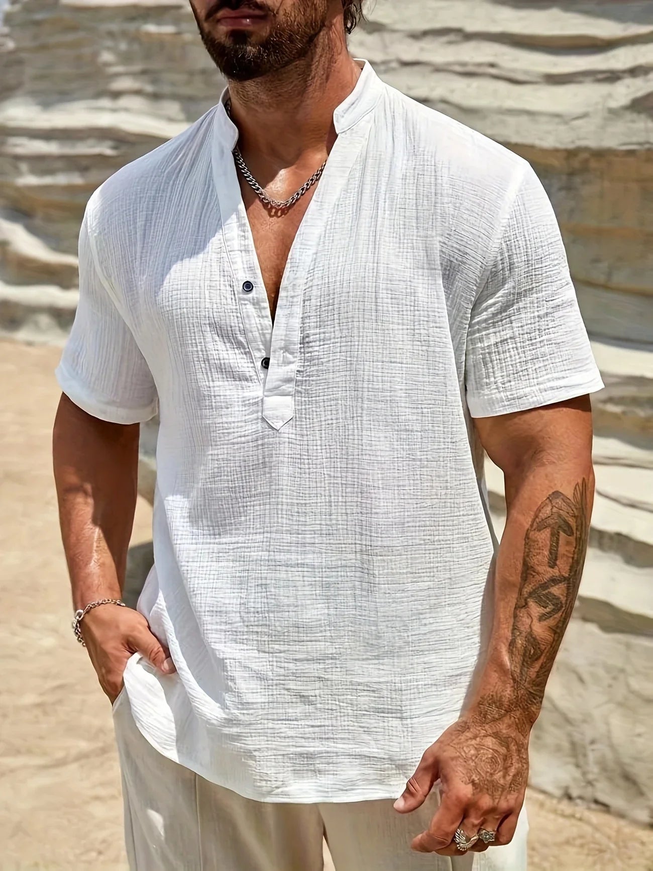 Sancho | Short Sleeve Stand Collar Henley Shirt