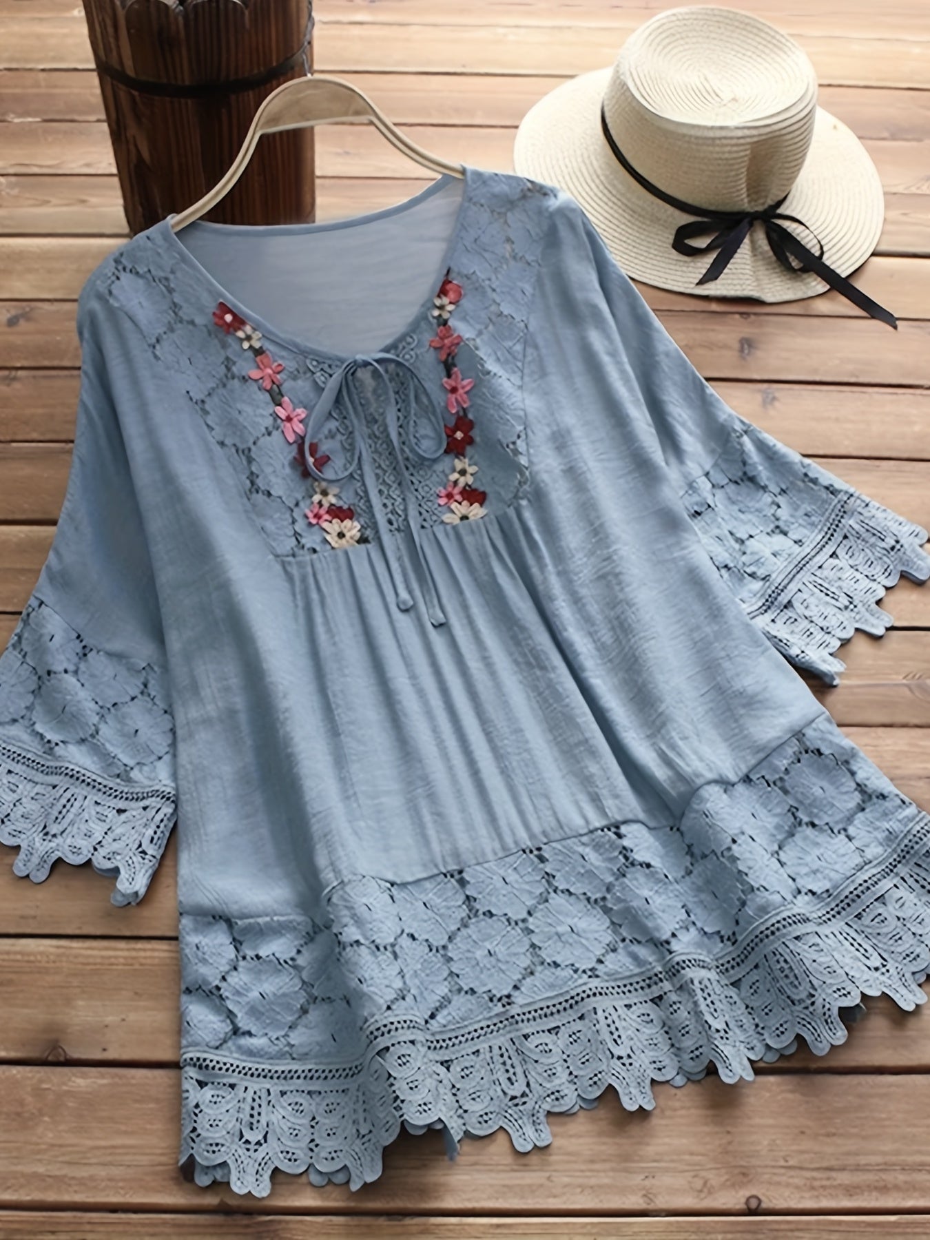 Esmeralda | Embroidered Lace Blouse With Tie Neck