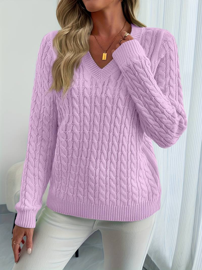 Zivah | Cable Knit V-Neck Long Sleeve Sweater