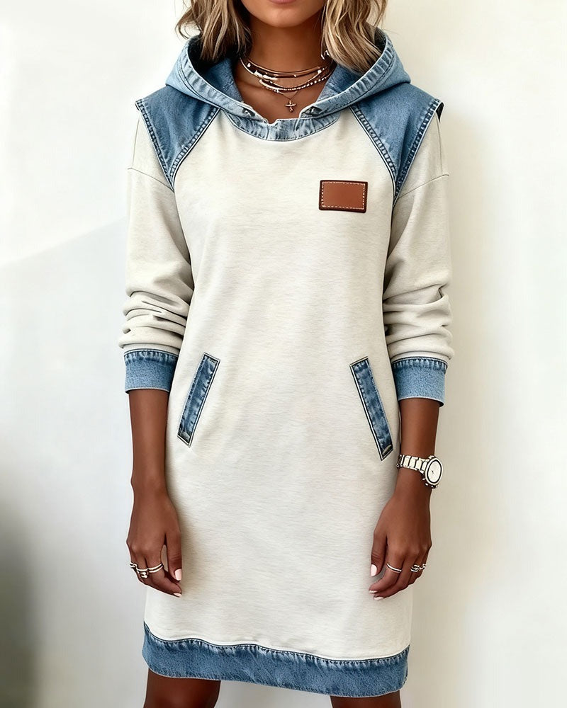 Viktoria - Hooded Denim Trim Sweatshirt Dress
