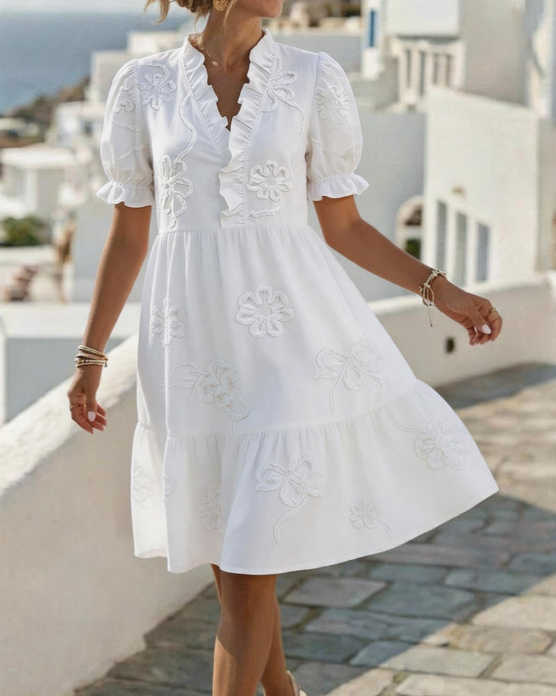 Nija | Dress with V-Neck Ruffles and Floral Embroidery
