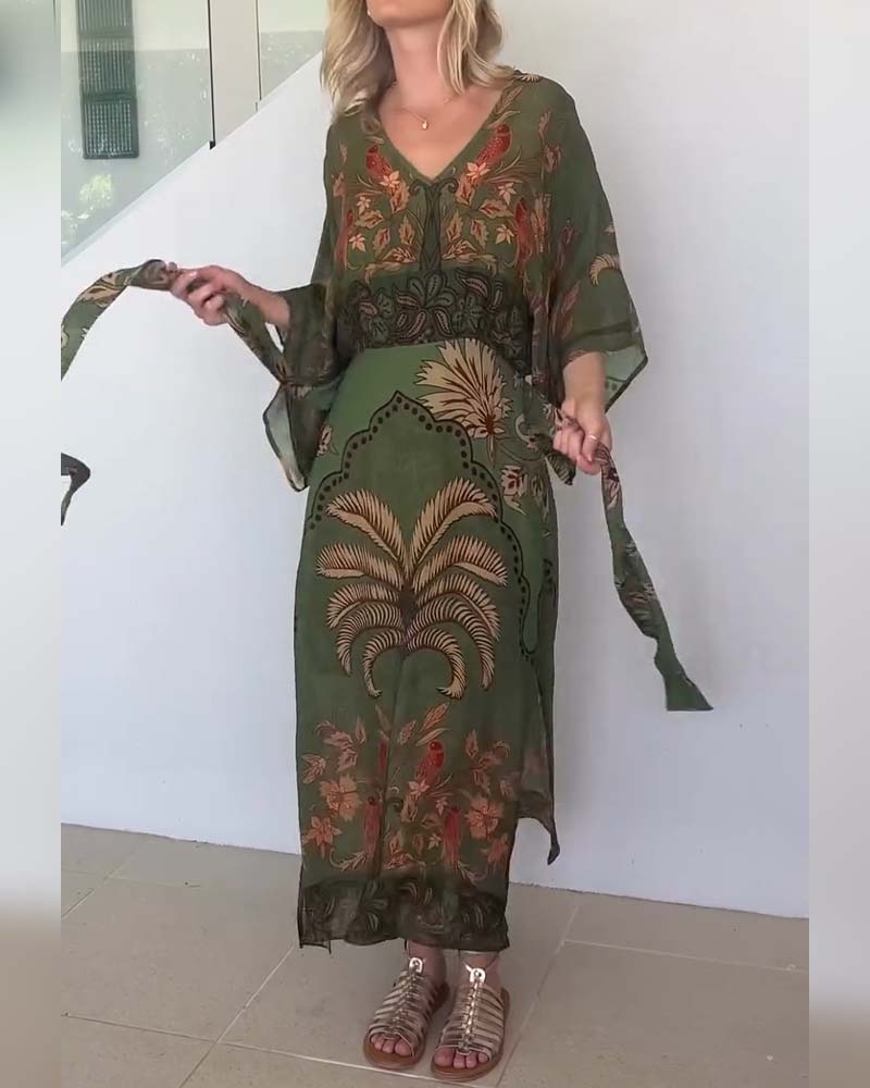 Brini | Olive Floral Print Kimono Sleeve Dress