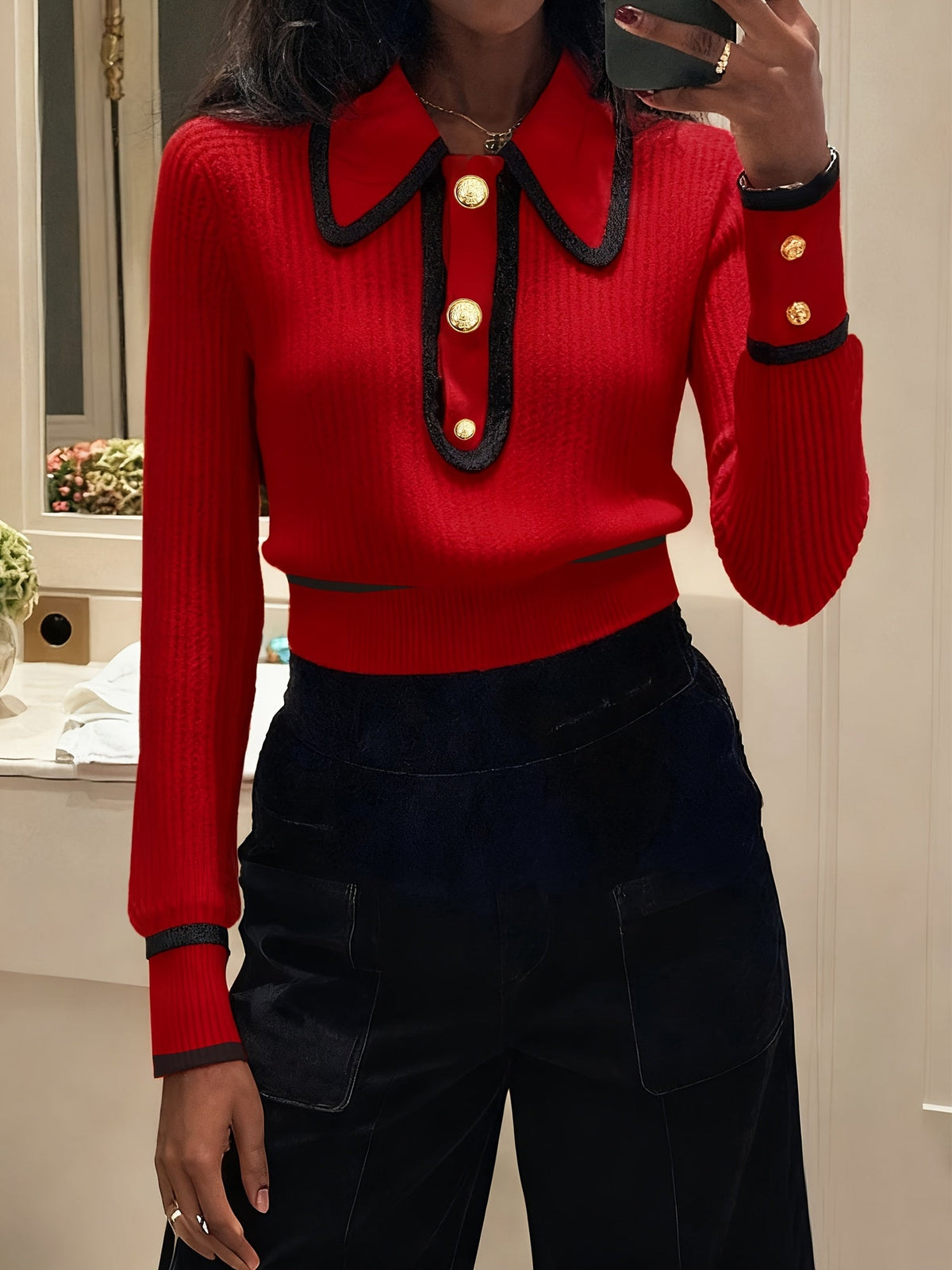 Roweina | Long Sleeve Contrast Trim Button Sweater