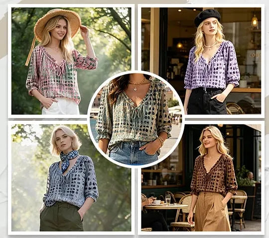 Orlyna | Polka Dot Lace Up V Neck Blouse