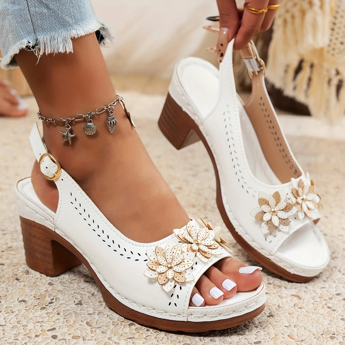 Haisley | Slingback Block Heel Floral Sandals