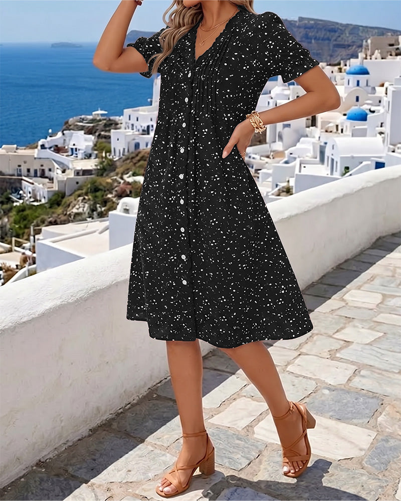 Dayma | Printed V Neck Button Front Dress