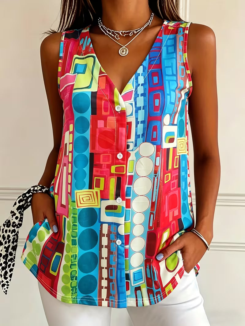 Corinaa | Sleeveless V Neck Printed Button Blouse