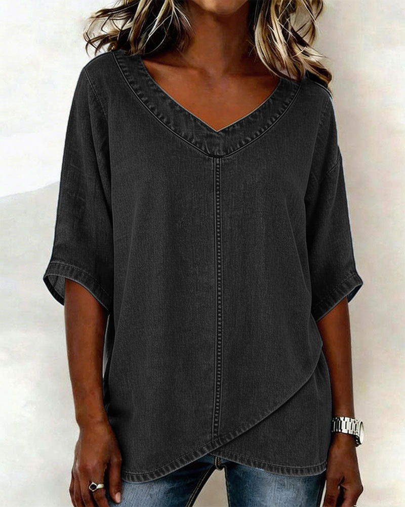 Laritza | Denim Style V Neck Overlap Top