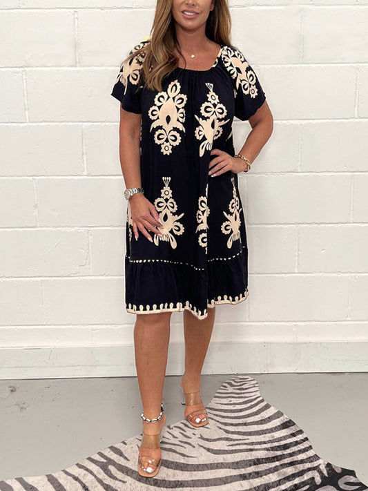 Gulfiya - Embroidered Print Round Neck Smock Dress