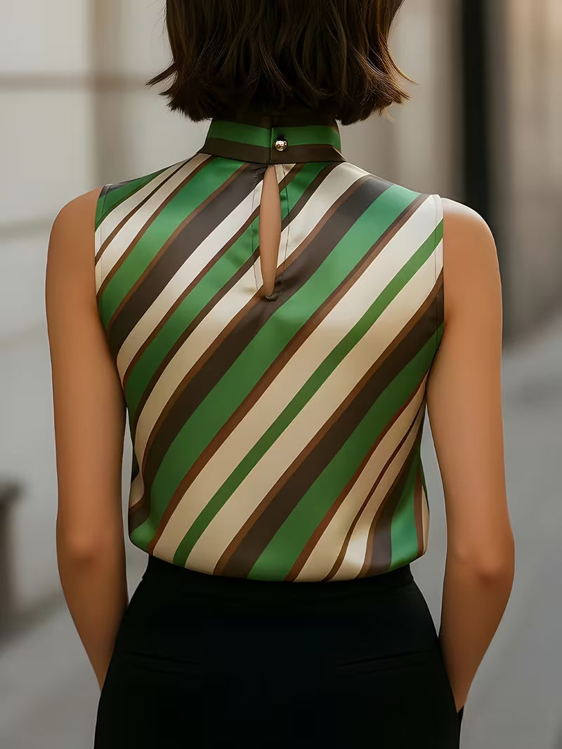 Alyza | Striped Satin High-Neck Sleeveless Top