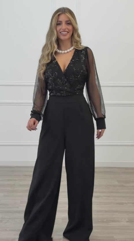 Meira - Embellished Mesh Sleeve Wide Leg Jumpsuit