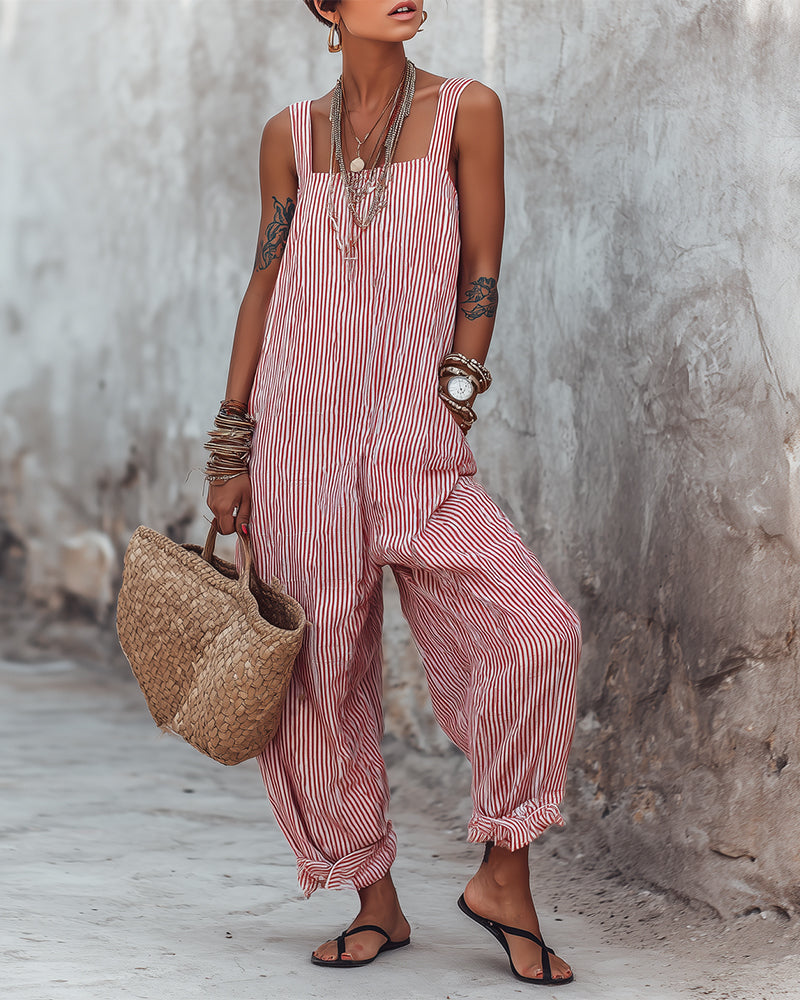 Keri - Red Stripe Sleeveless Relaxed Fit Jumpsuit