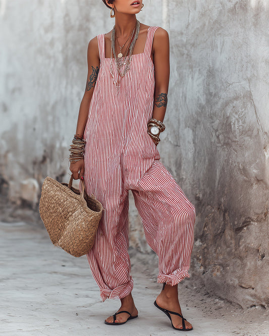 Keri - Red Stripe Sleeveless Relaxed Fit Jumpsuit
