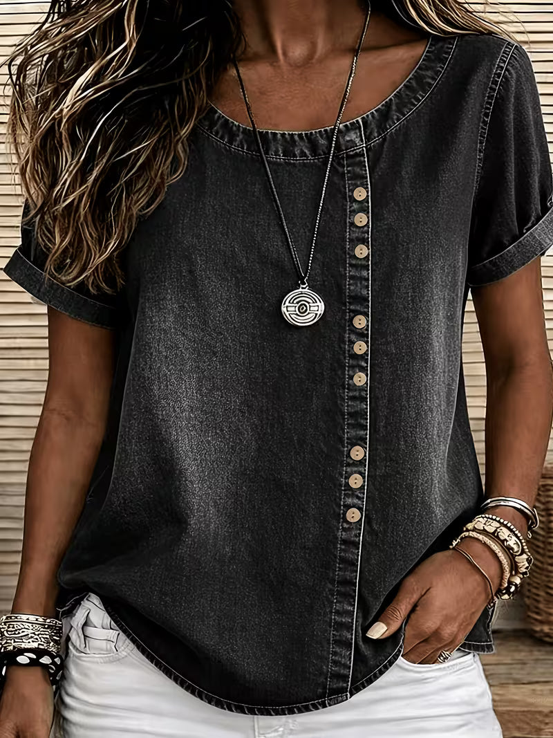 Ferina | Distressed Denim Look Short Sleeve Top
