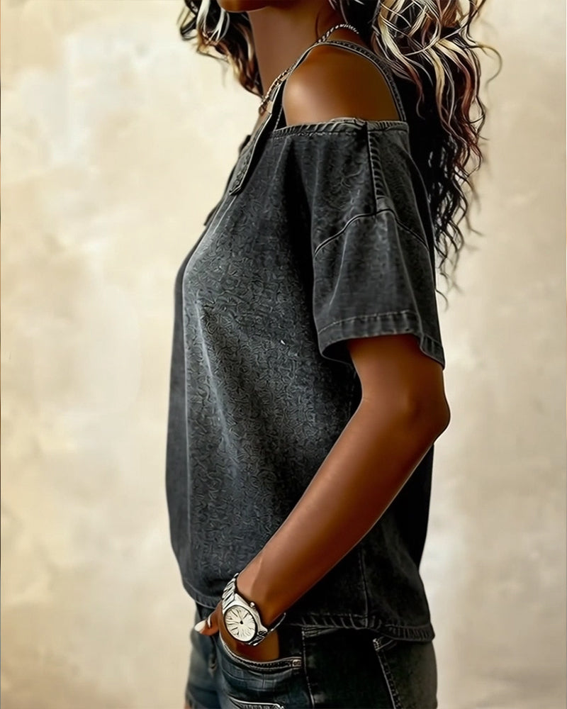 Yamara | Denim-Style Cold Shoulder Strap Top