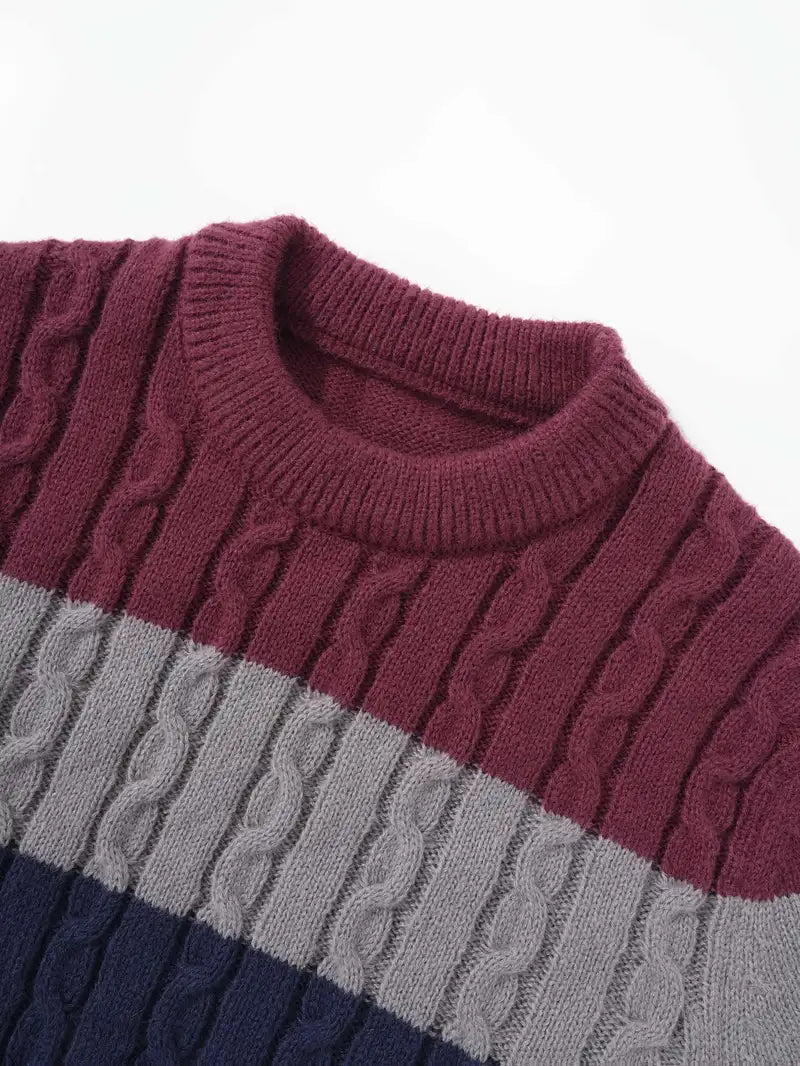 Watkins | Color Block Cable Knit Crewneck Sweater