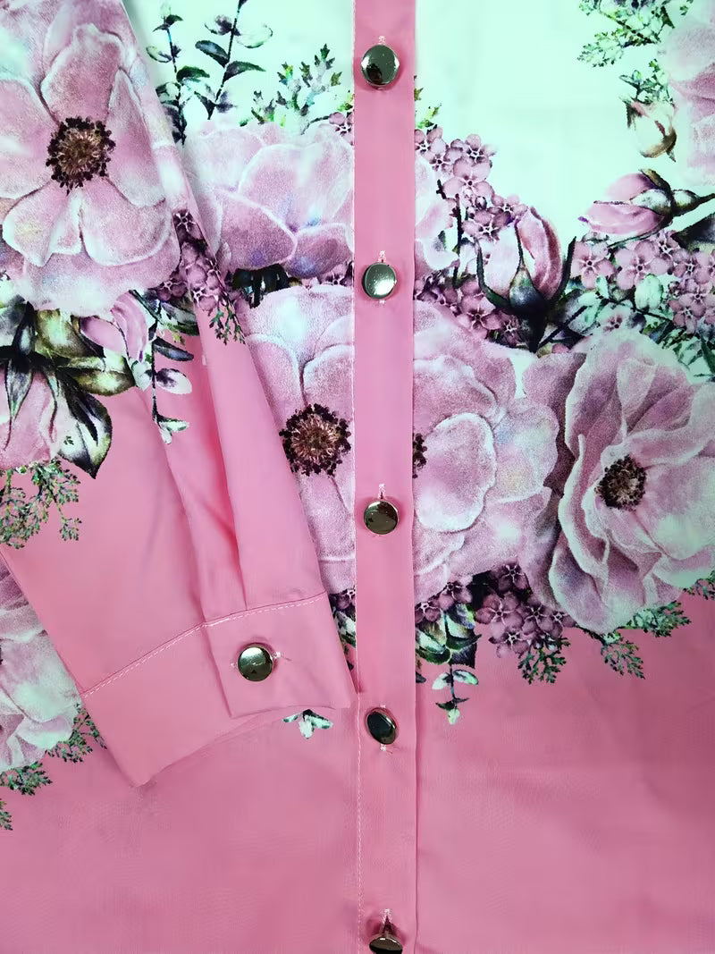 Yaleian | Floral Pink Long Sleeve Button Blouse