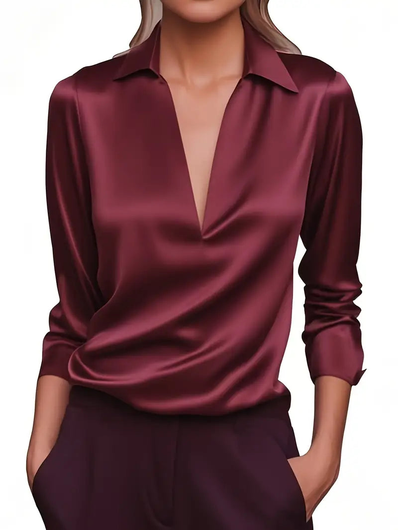 Lianyandra | V-Neck Satin Blouse in Light Pink