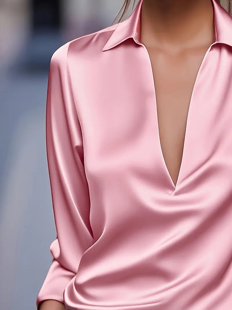 Lianyandra | V-Neck Satin Blouse in Light Pink