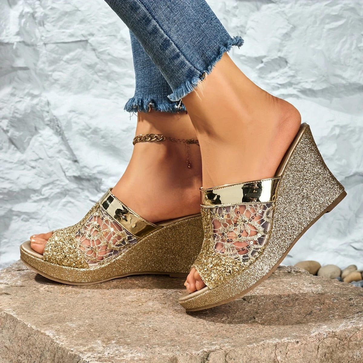 Alexis | Wedge Sandals With Lace Glitter Strap