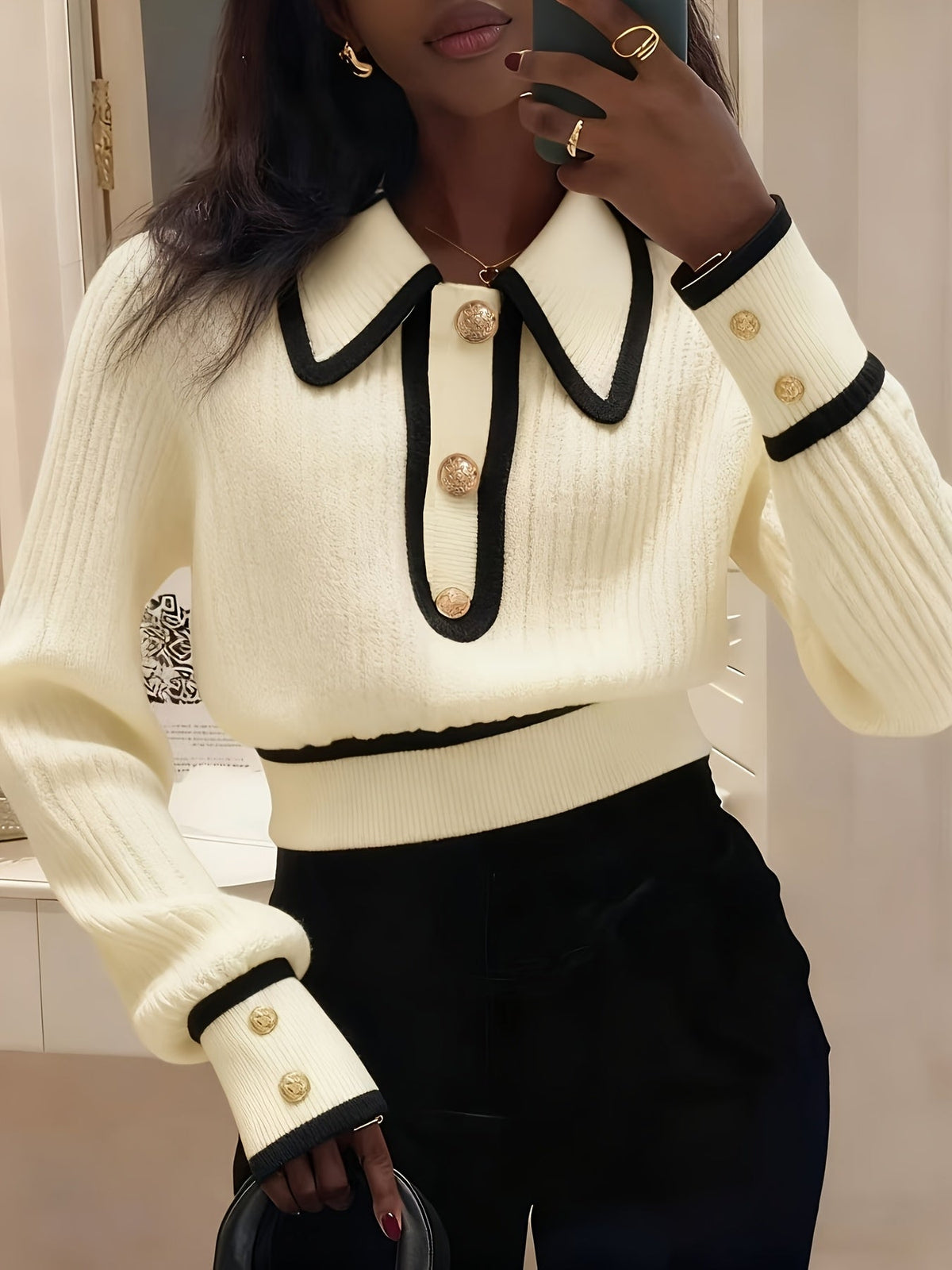Roweina | Long Sleeve Contrast Trim Button Sweater