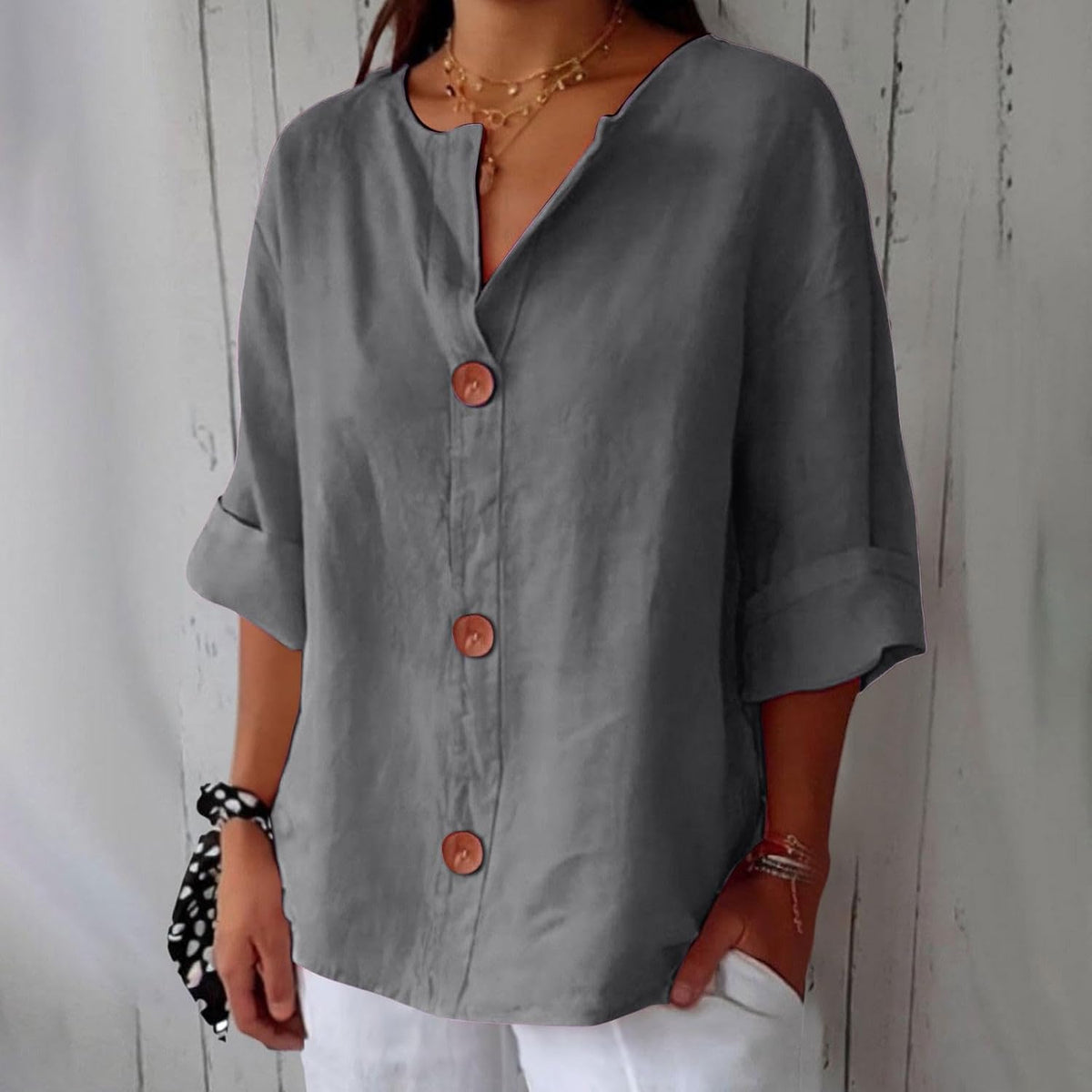 Maeve | V-Neck Button-Up Blouse with 3/4 Sleeves