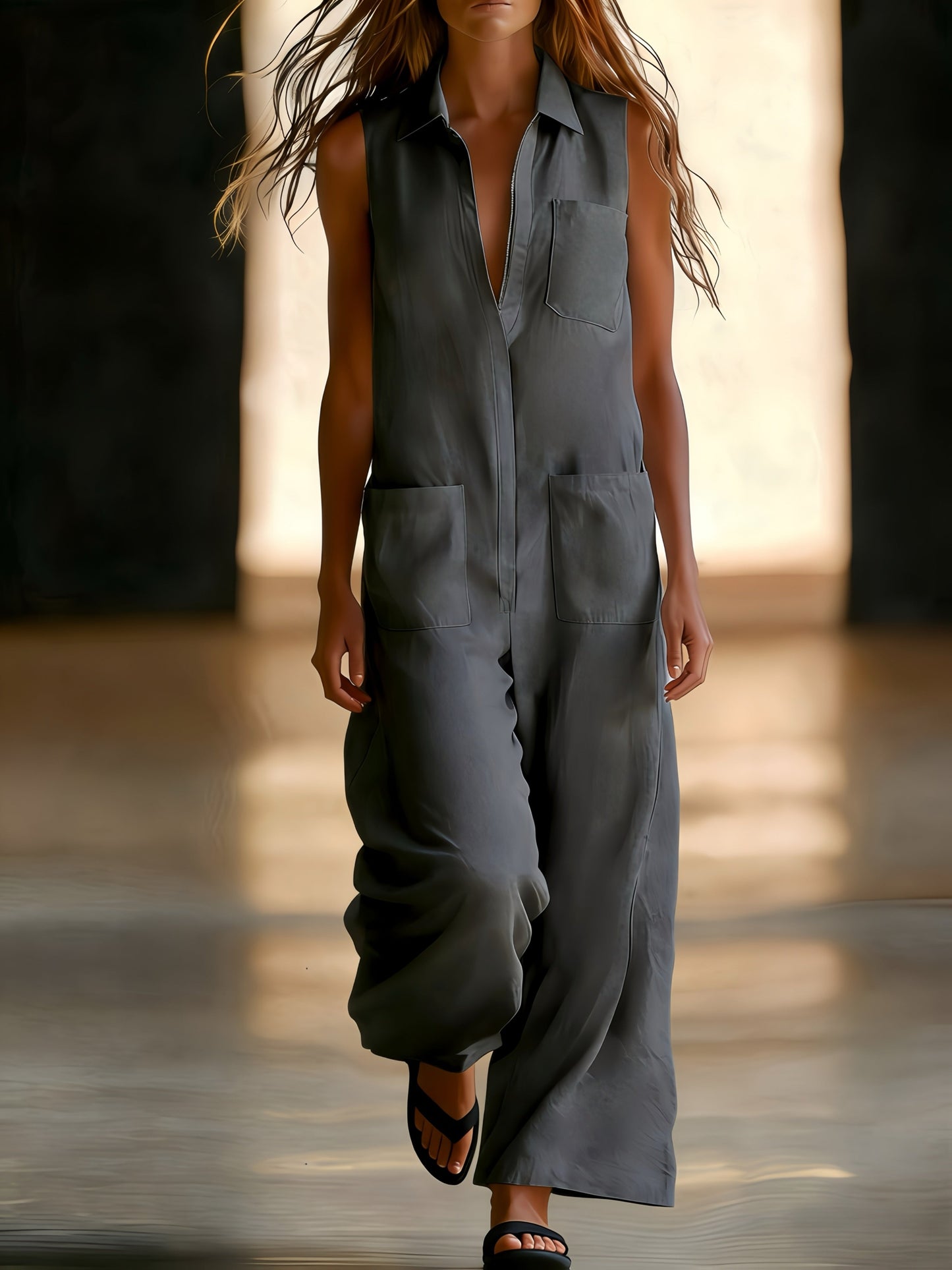 Kristiana | Wide Leg Sleeveless Collared Utility Jumpsuit