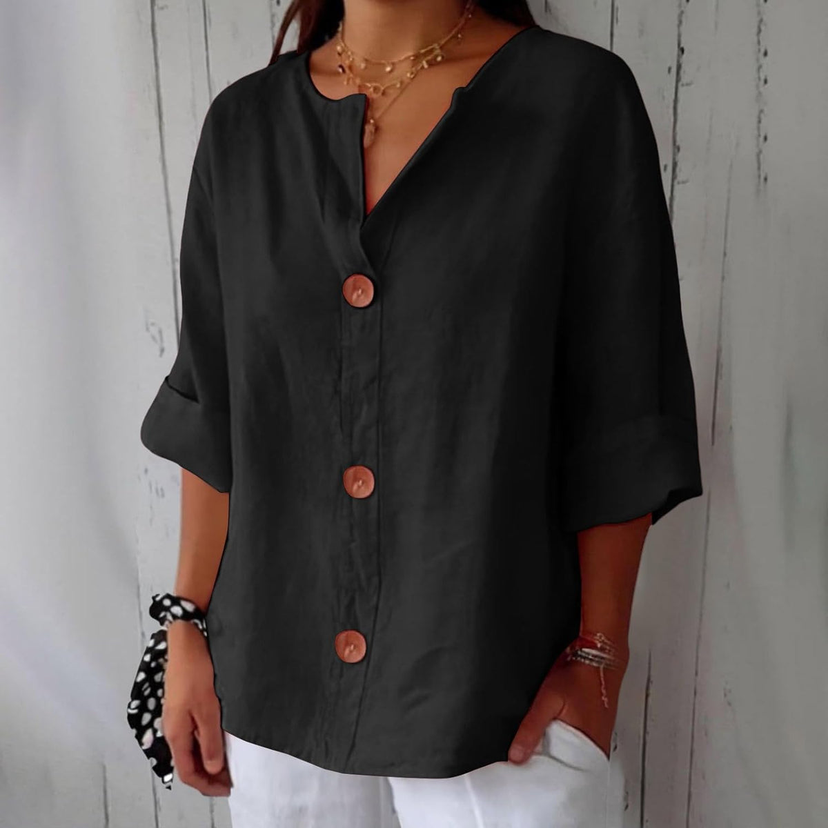 Maeve | V-Neck Button-Up Blouse with 3/4 Sleeves