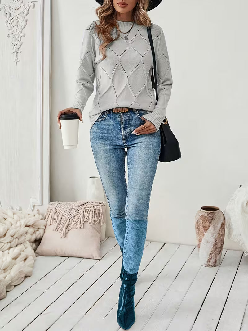 Sireanicia | Round Neck Diamond Knit Sweater in Sky Blue