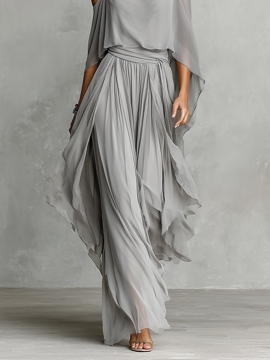 Roneeta | Gray Cold Shoulder Chiffon Set