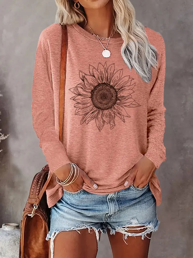 Levine | Sunflower Print Long Sleeve Tunic Top